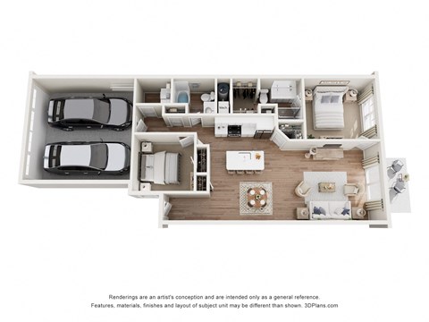 a stylized 3d floor plan of a house with a garage and a car